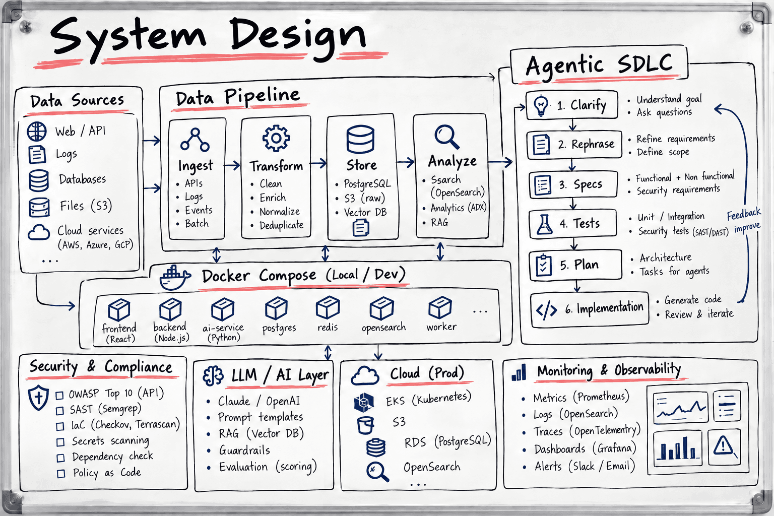 A whiteboard sketch of a system design: data pipeline, Docker services, cloud, security and an agentic SDLC