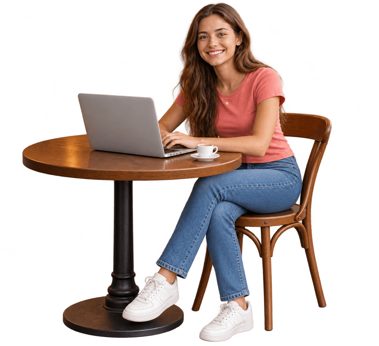 A student at a café table, working on a laptop