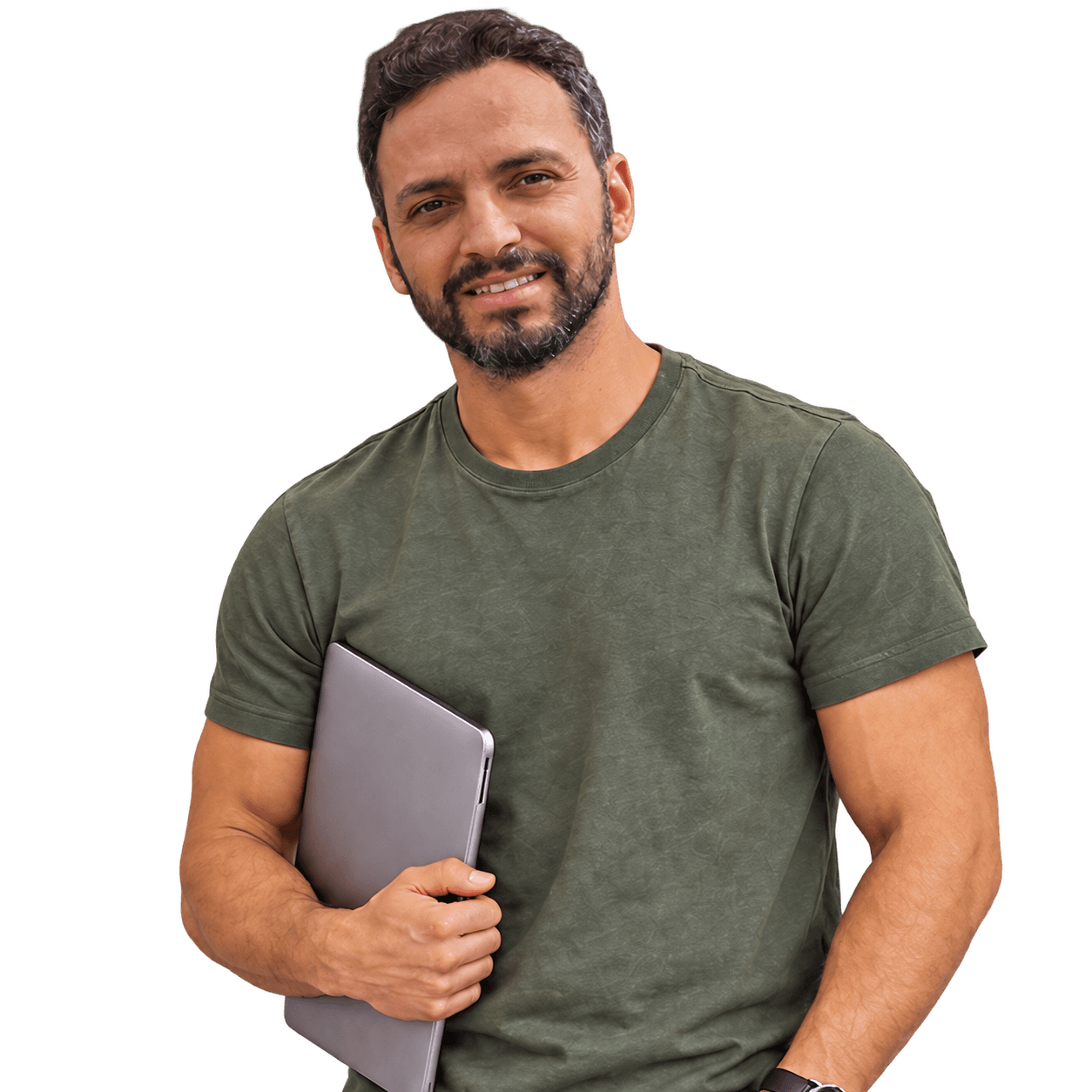 A developer holding a laptop